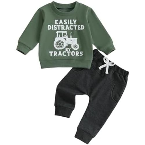 Toddler Baby Boy Fall Winter Clothes Letters Tractors Print Long Sleeve Crewneck Sweatshirt and Pants Cute Outfits