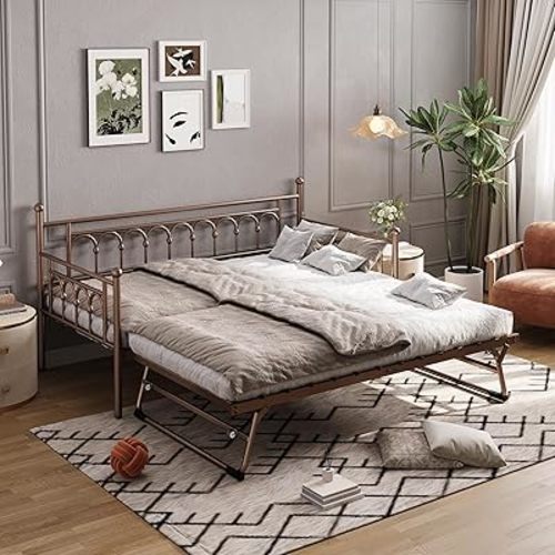 Twin Daybed with Trundle Bed, Day Bed with Trundle Bed Twin Pop Up, Metal Daybed Frame, Steel Slat Support Twin Trundle Bed Frame for Kids Teens Adults, No Box Spring Needed