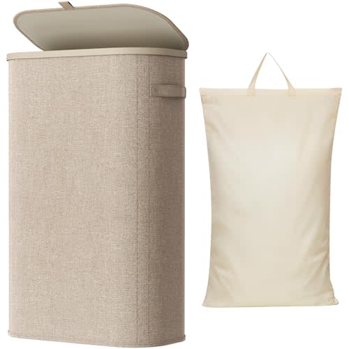 Lifewit Slim Laundry Basket with Lid, Narrow Laundry Hamper with Plastic Handles and Removable Bag, Tall Foldable Dirty Clothes Hampers for Laundry Room, Bedroom, Bathroom, Dorm, 65L Beige