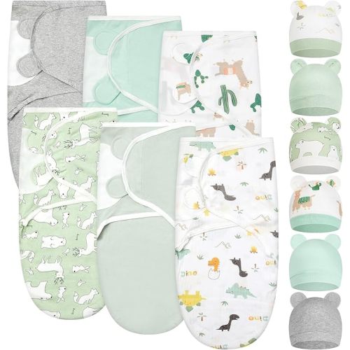Ramede 6 Pack Swaddle Blanket with Hats for Baby Girl Boy 100% Cotton Swaddles 0-3 Months, Adjustable Breathable Skin Friendly Receiving Blanket Wrap, Essential for Newborns