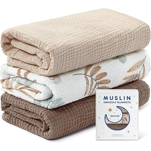 Unnivoll Muslin Swaddle Blankets for Newborns, 100% Cotton Receiving Blankets, Large 38 x 40 inches Baby Swaddle Blanket for Baby Boys and Girls, Soft Breathable Infant Baby Essentials 3 Pack Brown