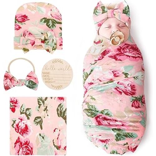 DRESHOW BQUBO Baby Girl Newborn Receiving Blanket with Bow Hat Headband Wooden Birth Announcement Card Set Baby Floral Print Nursery Swaddle Wrap