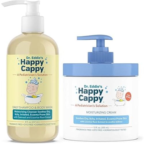 Happy Cappy Baby Shampoo, Body Wash, & Moisturizing Cream Bundle - Eczema Body Wash and Lotion for Kids & Toddlers, Helps with Dryness, Reduces Itching, Dermatologist Tested, Fragrance-Free