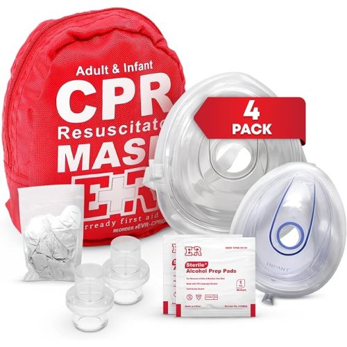 Adult and Infant CPR Mask Combo Kit – Includes 2 CPR Masks with One-Way Valves, Pair of Vinyl Gloves, 2 Alcohol Prep Pads – Portable Emergency CPR Kit – Red