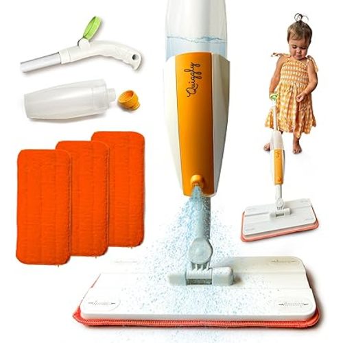 Quiggly Toddler Spray Mop Bundle – for Ages 3–5 - Two-Handed Montessori Cleaning Toy with Real Water Sprayer + 2 Extra Washable Mop Pads