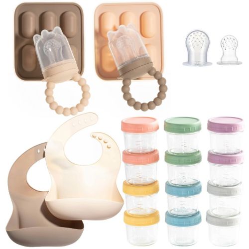 Baby Feeding Set, Silicone Baby Fruit Feeders, Baby Bibs & 12-Piece Glass Baby Food Storage Containers w/ Lids. Baby Must-Have, BPA-Free Easy to Clean