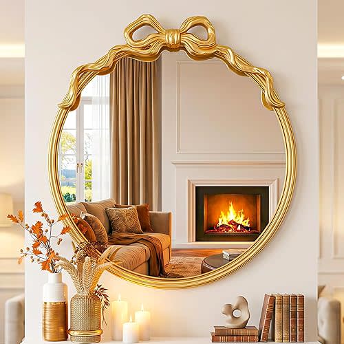PlushVibes Round Gold Wall Mirror - 21"x20" Baroque Vintage Ornate Mirrors of Wall, Antique Gold Bow Mirror Circle with Metal Frame for Living Room, Bedroom, Nursery, Bathroom, Entryway, Hallway
