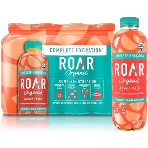 Roar Organic Electrolyte Infusions - USDA Organic - Georgia Peach - with Antioxidants, B Vitamins, Low-Calorie, Low-Sugar, Low-Carb, Coconut Water Infused Beverage 18 Fl Oz (Pack of 12)