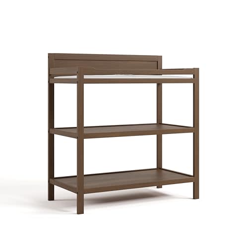 Storkcraft Alpine Changing Table (Hazelnut) - Includes Water Resistant Changing Pad with Safety Strap, 2 Open Shelves for Storage