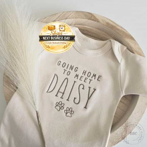 Embroidered Going Home to Meet My Pups Puppy Onesie® brand, New Best Friend Onesie® Personalized Dog Name Onesie® Dog Name Z14