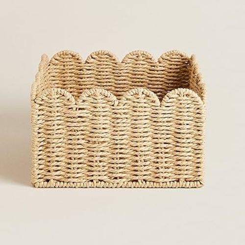 Scalloped Basket, Wicker Baskets for Storage, Hand Woven shelf Baskets, Seagrass Baskets for Bathroom, Bedroom Organizing (Seagrass, S-9.5 * 9.5 * 5.5IN)