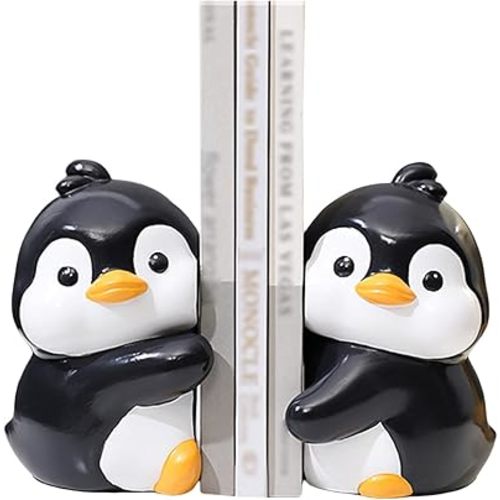 Cute Hug Penguins Decorative Bookends, Unique Animal Book Ends to Hold Books Creative Resin Book Holder Stopper for Home Office Desk Bookshelf Decoration