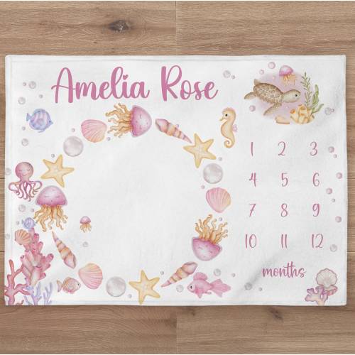 Ocean Milestone Blanket Personalized Baby Girl Month Blanket Sea Nursery Custom Age Growth Newborn Calendar Tracker New Mom Baby Shower Gift