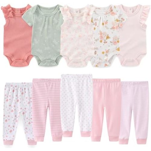 Baby Boy Girl 10 Piece Combined Type Clothing Set Cotton Baby Bodysuits and Pants Set Home Outdoor Infant Clothes