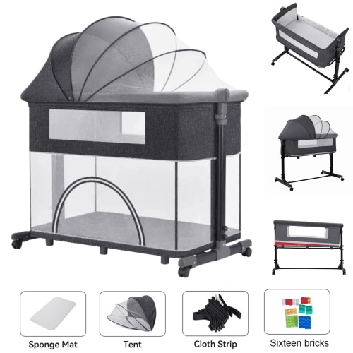 4 in 1 Baby Bassinet Portable Bedside Sleeper Bassinet Baby Playard for Newborn to Toddler with Mosquito Net,Building Blocks Height Adjustable, Unisex