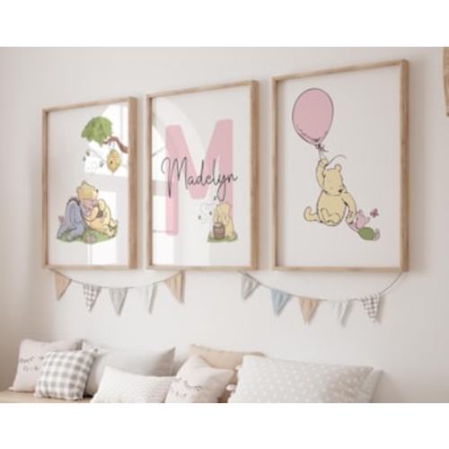 Set of 3 Classic Winnie the Pooh Personalized Nursery Wall Art, Vintage Winnie the Pooh Name Print, Girl Nursery Decor, Digital Download - Etsy