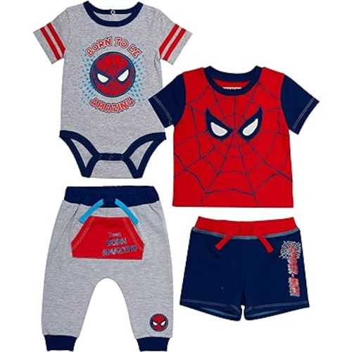Spiderman Baby Boys 4 Piece Clothing Set - Onesie, Shorts, T-Shirt, and Jogging Pants - Superhero Style for Your Little Hero!