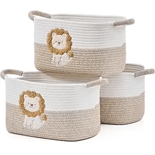Woven Baskets, 3-Pack Storage Basket for Living Room, Bedroom, Nursery, Stylish Gift Basket with Handles, Cotton Rope Basket for Toys and Shelves, Multi-Purpose Organizer, Lion
