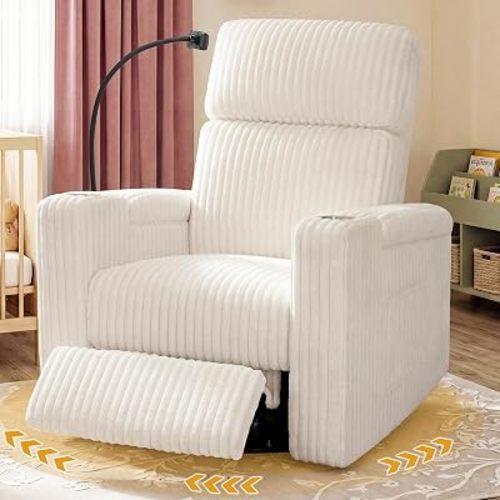 HUSFU Power Swivel Rocker Recliner Chair, Nursery Glider Rocking Chair for Adults with Phone Holder and USB & Type-C Ports, Comfy Corduroy Recliner Chairs for Living Room, Bedroom, Cream,1PC