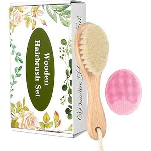 Wooden Soft Goat Bristles Brush with Baby Silicone Hair Scrubber Cradle Cap Brush for Newborn, Toddler, Infant, Baby Hair Care Kit (Pink)