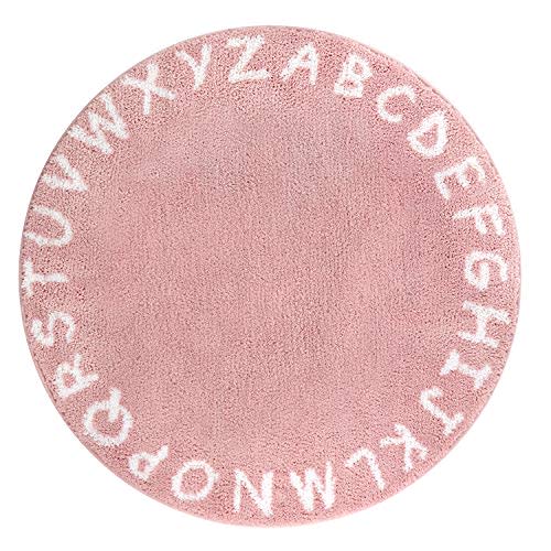 Lahome ABC Alphabet Kids Round Rug - 4' Diameter Pink Washable Area Rugs, Non-Slip Baby Rug Soft Playtime Collection, Cute Furry Plush Shaggy Floor Carpet for Bedroom Playroom Nursery Room