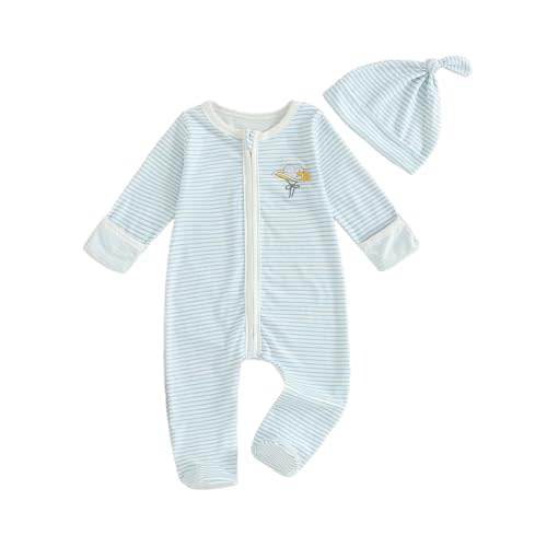 XRTBMN Infant Boy Western Footie Rompers Newborn Baby Coming Home Outfit Fall Clothes Long Sleeve Striped Jumpsuit with Hat