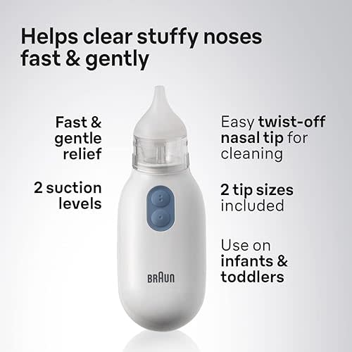 Braun Electric Nasal Aspirator - Mucus Remover, Blocked Nose Relief for Newborn, Baby and Toddler, Electric Suction Power, 2 Suction Levels, 2 Nose Tip Sizes, Dishwasher Safe, FSA and HSA Eligible