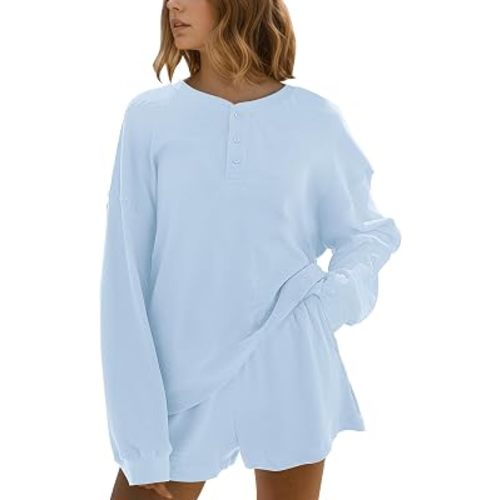 MISSACTIVER Waffle Knit Lounge Sets for Women Long Sleeve Oversized Sweatshirt Elastic Waist Shorts Fall 2 Piece Matching Set