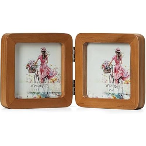 4x4 Square Double Vertical Horizontal Hinged Foldable Combo Rounded Corner Picture Frame, Walnut-Colored Pine Wood with Real Glass, Free-Standing Desk Tabletop or Wall Hanging