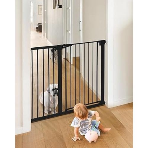 COMOMY 36" Extra Tall Baby Gate for Stairs Doorways, Fits Openings 29.5" to 46" Wide, Auto Close Extra Wide Dog Gate for House, Pressure Mounted Easy Walk Through Pet Gate with Door, Black