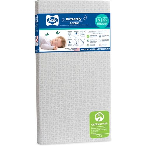Sealy Butterfly 2-Stage Dual Firm Antibacterial Foam Baby Crib Mattress & Toddler Bed Mattress, Hypoallergenic Waterproof Memory Foam Crib Mattress, GREENGUARD GOLD Certified,Made in USA,52"x28",White