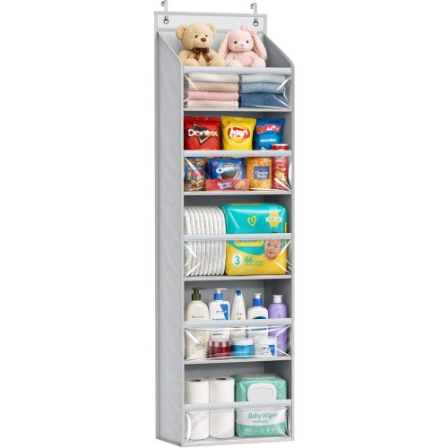 Over the Door Organizer, Large Capacity Closet Door Hanging Organizer, Clear Deep Pockets Baby Storage for Nursery, Bathroom, Bedroom, Pantry, Diapers (Grey)