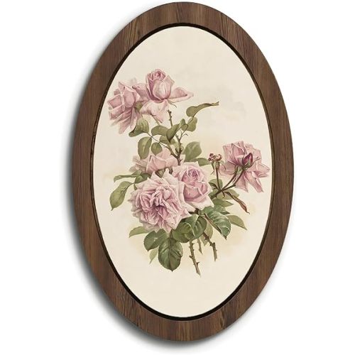 NaZaUK Vintage Floral Cottage Botanical Framed Wall Art Decor, Cottagecore Flower Botanical Oval Wall Hanging, Rustic Pink Rose Wooden Framed Decorations for Bathroom Bedroom (Pink Rose) 9x14.5 in