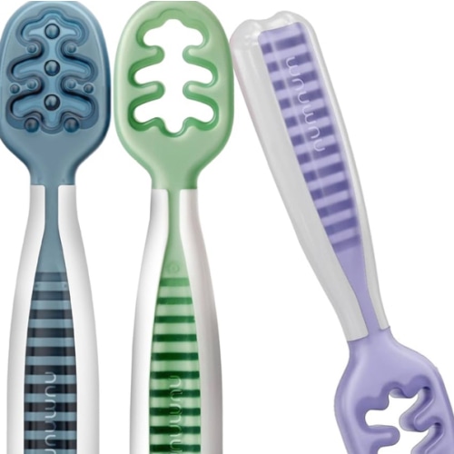 NumNum Baby Spoons Set, Baby Essentials Pre-Spoon GOOtensils for 6+ Months, First Stage Self-Feeding Spoons for Baby Led Weaning (BLW), Silicone Toddler Utensils, BPA-Free, 3 Pack Nature Friends