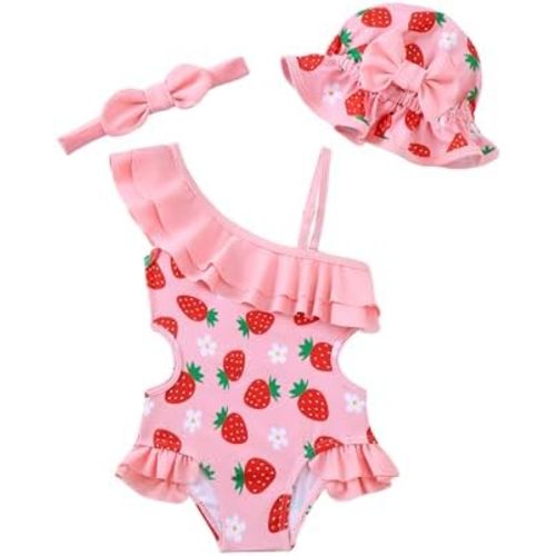Renotemy Newborn Baby Girl Swimsuit Toddler Ruffle Shoulder One-Piece Girls Swimsuit Bikini Tankini Infant Swimwear with Hats