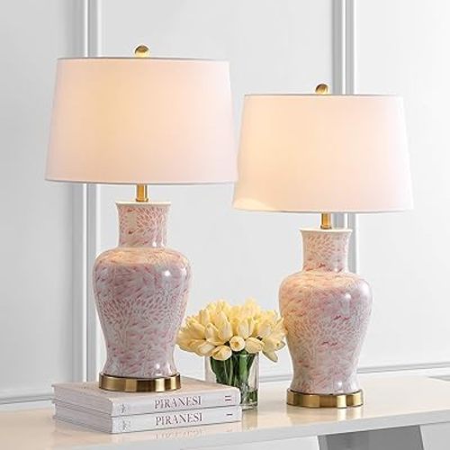 SAFAVIEH Lighting Collection – Calli Set of 2 Pink & White Chinoiserie Ceramic Table Lamps with Brass Gold Accents, 28-Inch Bedroom or Living Room Lamps, LED Bulbs Included (TBL4161A-SET2)
