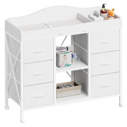 Yetom Changing Table, 6-Drawer Baby Dresser with Changing Table top, Waterproof Diaper Changing Station & Pad, 2 Height-Adjustable Open Storage Shelves, Mobile Nursery Organizer, White