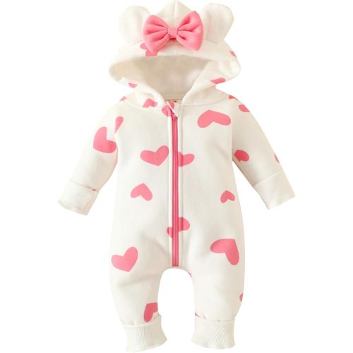 Newborn Baby Girl Warm Clothes Heart Hoodie Romper Ear Zipper Jumpsuit Girls Valentines Day Outfit Fall Winter