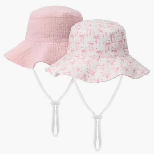 Cuffbow 2 Pack Pink Bow Muslin Infant Sun Hat UPF 50+ Sun Protection Coquette Baby Bucket Hat with Wide Brim Newborn Summer for Boys Girls