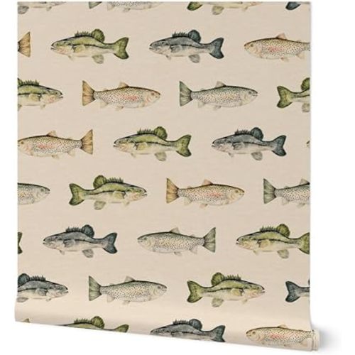 Spoonflower Peel & Stick Wallpaper Swatch - Cabincore Rustic Camping Fisherman Cabin Decor Lake House Summer Watercolor Rainbow Trout Bass Custom Removable Wallpaper