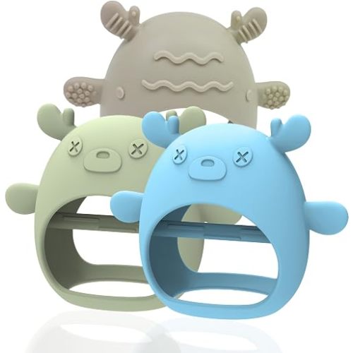 3 Packs Baby Teething Toy for 3-6 6-12 Months, Food Grade Silicone Teething Mitten, Anti Dropping Wrist Hand Teethers Baby Chew Toys for Sucking Needs, BPA Free