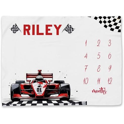 Race Car Baby Milestone Blanket, Racing Theme Monthly Growth Blanket, Sports Vehicle Infant Blankets, Personalized Name Throw, 12 Month Photo Prop, Newborn Boys Nursery Decor, Baby Shower Present
