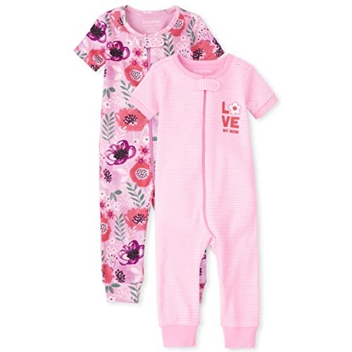 The Children's Place Baby-Girls Love Mom Floral Snug Fit Cotton Zip Front One Piece Footed Pajama 2 Pack