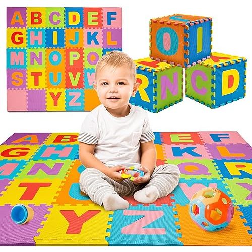 TOYVELT Foam Puzzle Floor Mat for Kids 12x12-30 Interlocking Play Mat Tiles with Colors, Alphabet, ABC - Educational Large Puzzle Foam Floor Tiles for Crawling, Exercise, Playroom, Play Area