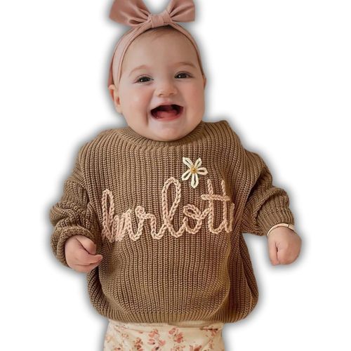 Personalized Hand Embroidered Knit Name Jumper, Custom Infant Christmas Sweater, Chunky Oversized Kids Sweater Multi