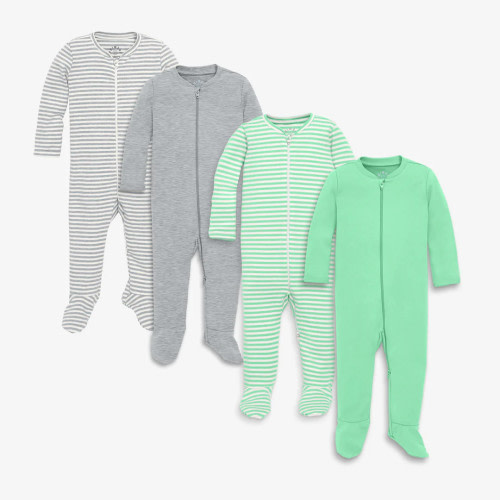 Primary Primary Organic Cotton 2-Way Zip Footie (4-Pack) - Gray & Clover Mix, 0-3