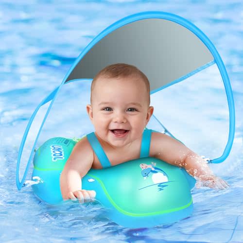 Baby Pool Float with Canopy UPF50+, Skin Protect Toddler Floaties for 3-36M | Double Air Chambers, 0.35mm PVC, No Flip Over Inflatable Baby Float, Beach and Travel Pool Essential for Boys and Girls