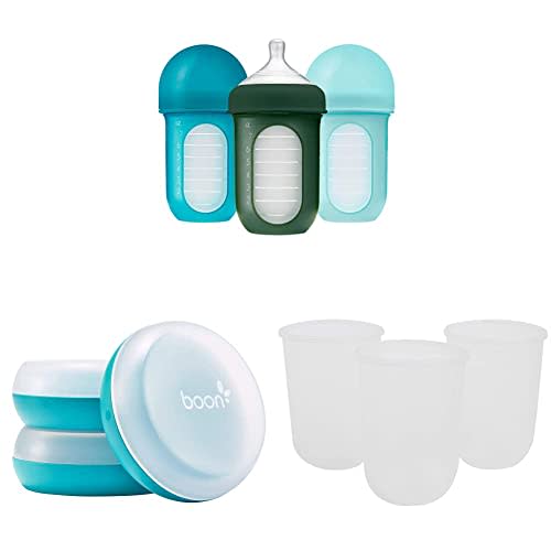 Boon NURSH Reusable Silicone Baby Bottles & NURSH Storage Buns (Pack of 3), Blue-White,3 Count (Pack of 1) & NURSH Reusable Silicone Replacement Pouch, 3 Months and up, 8 Ounce (Pack of 3)
