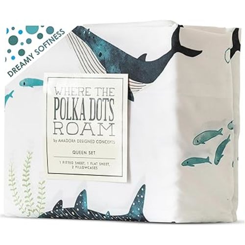 Where The Polka Dots Roam Nautical Ocean Full Bedding Set - 4 Piece Super Soft Kids Bed Set with Fitted Sheet, Flat Sheet, and Pillowcases - Underwater Sea Creatures Design for Boys Girls Room Décor