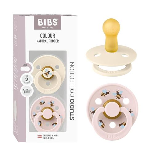 BIBS Colour Studio Soother 2-Pack, BPA Free Dummy Pacifier, Round Nipple. Natural Rubber Latex, Made in Denmark, Size 2 (6-18 Months), Ivory/Petal